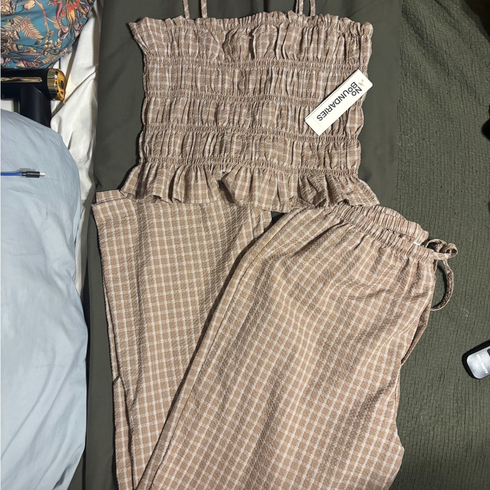 No Boundaries Beige Plaid Wide Leg Jumpsuit with Smocked Top